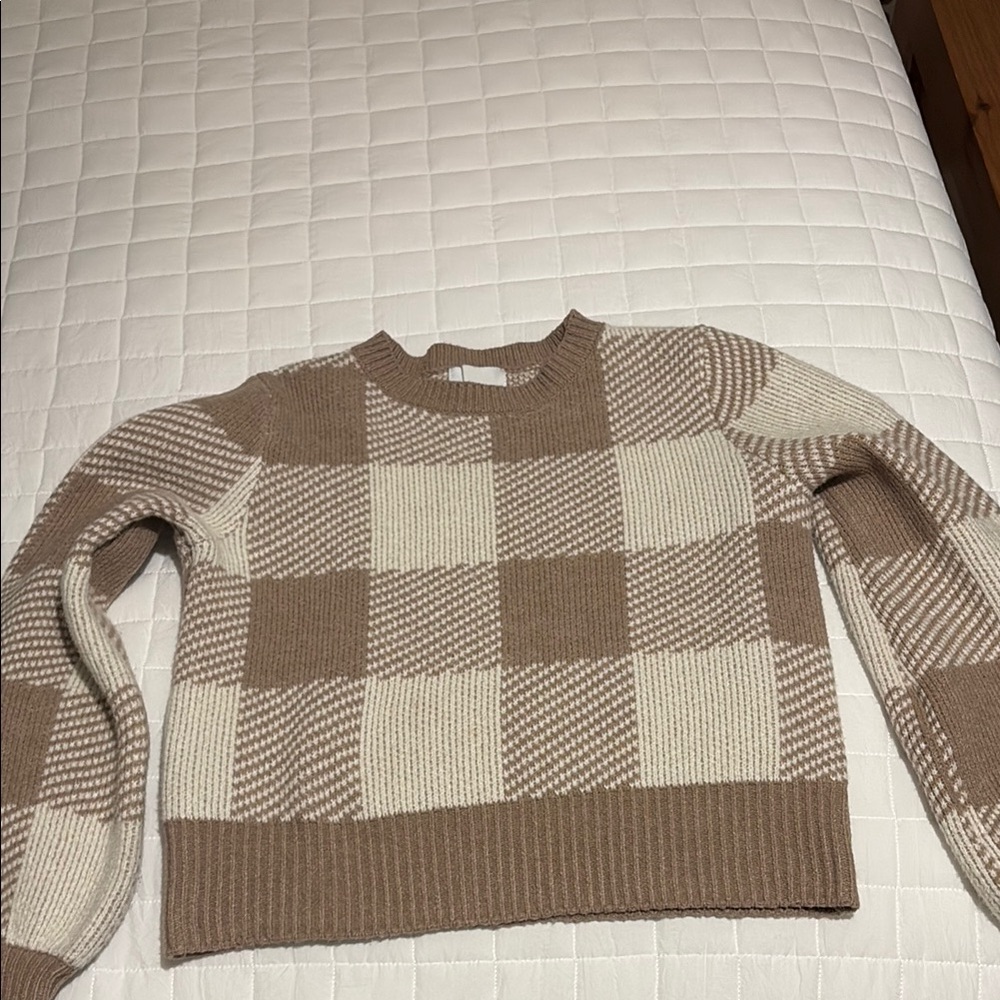 Pink Rose Checkered Knit Sweater - light brown and Cream